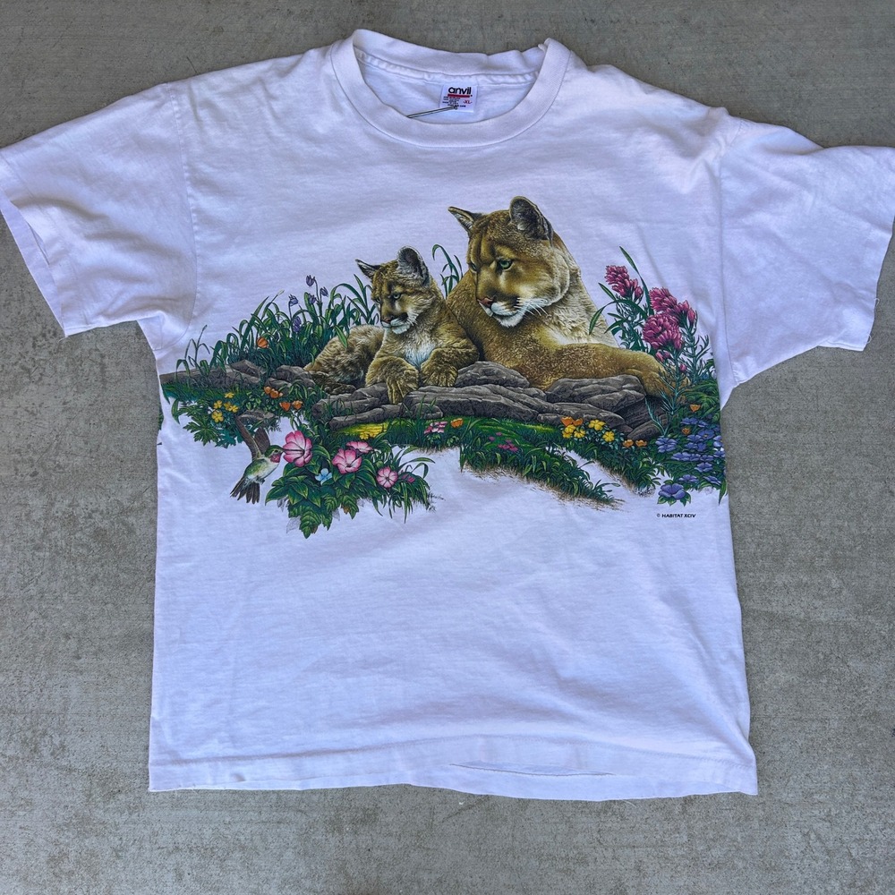 Vintage 90s Mountain Lion Nature Graphic T-Shirt XL White Anvil Single Stitch - Picture 1 of 6